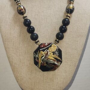 Black Gold Silver Leaf Abstract Hexagon Pendant Beaded Statement Necklace Japan